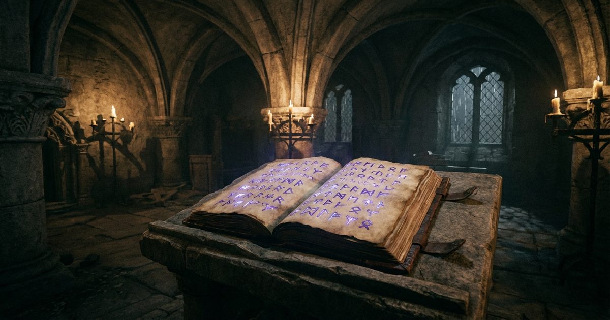 Necronomicon e testi maledetti: libro antico con simboli arcani e luce soprannaturale