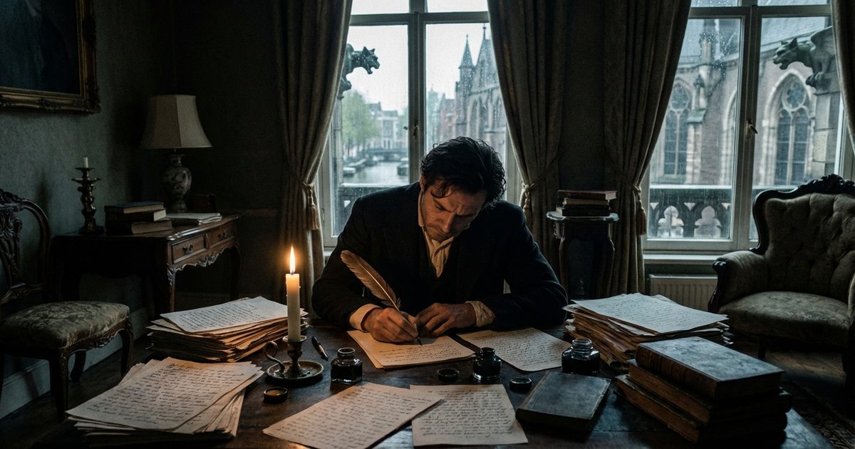 Manoscritto gotico su scrivania con candele, processo creativo horror