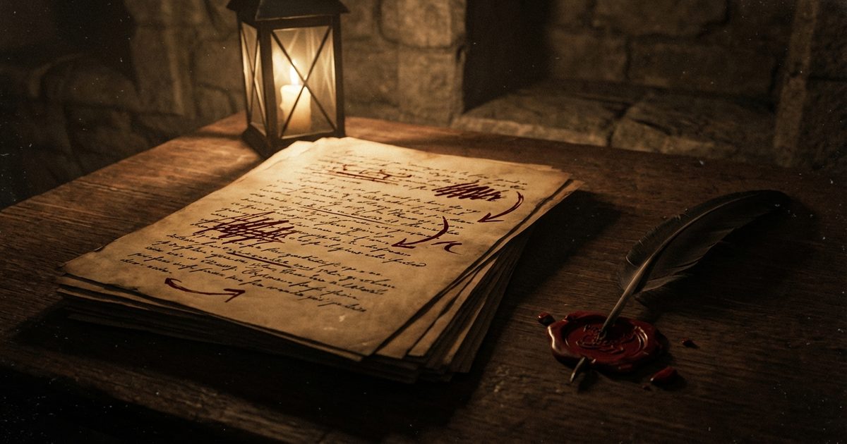 Corridoio gotico oscuro con luce fioca, il bordello delle ombre saga horror