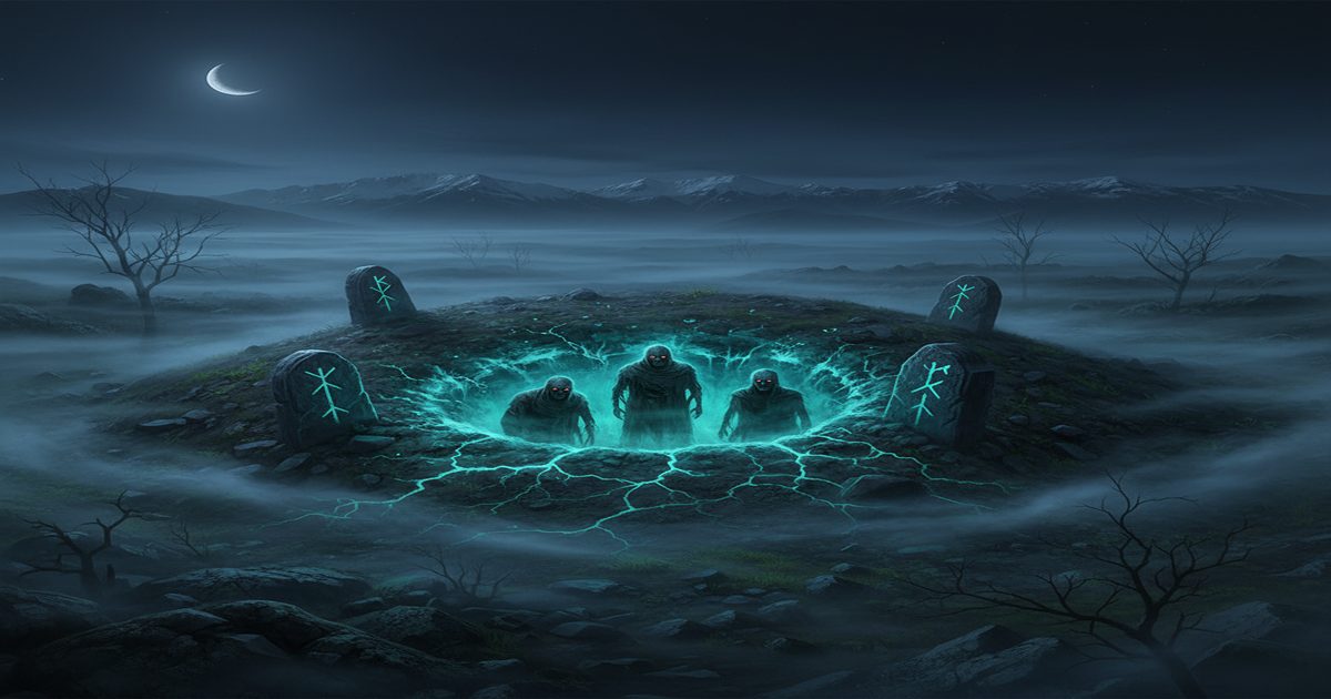 Tumulo funerario vichingo nella notte con luce bioluminescente e rune, Draugr non-morti nordici folk horror