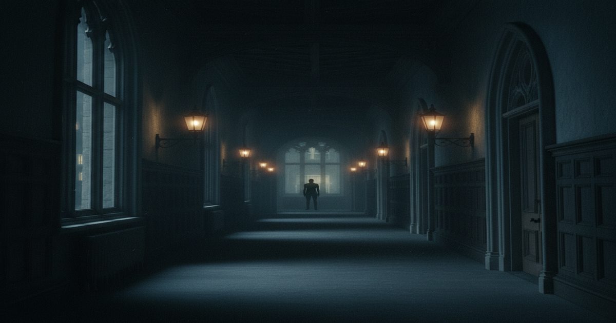 gotico isolamento collegio vittoriano corridoio buio lampade a gas silhouette horror