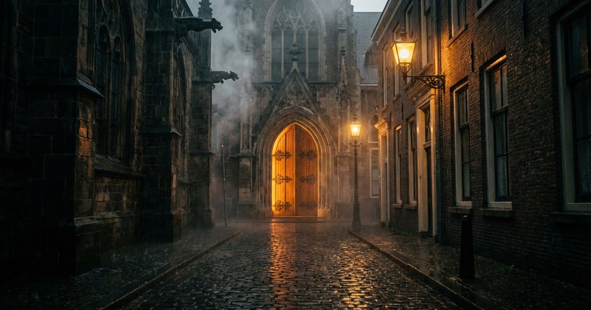 Corridoio gotico del bordello con luci cremisi e porte misteriose, horror cosmico erotico