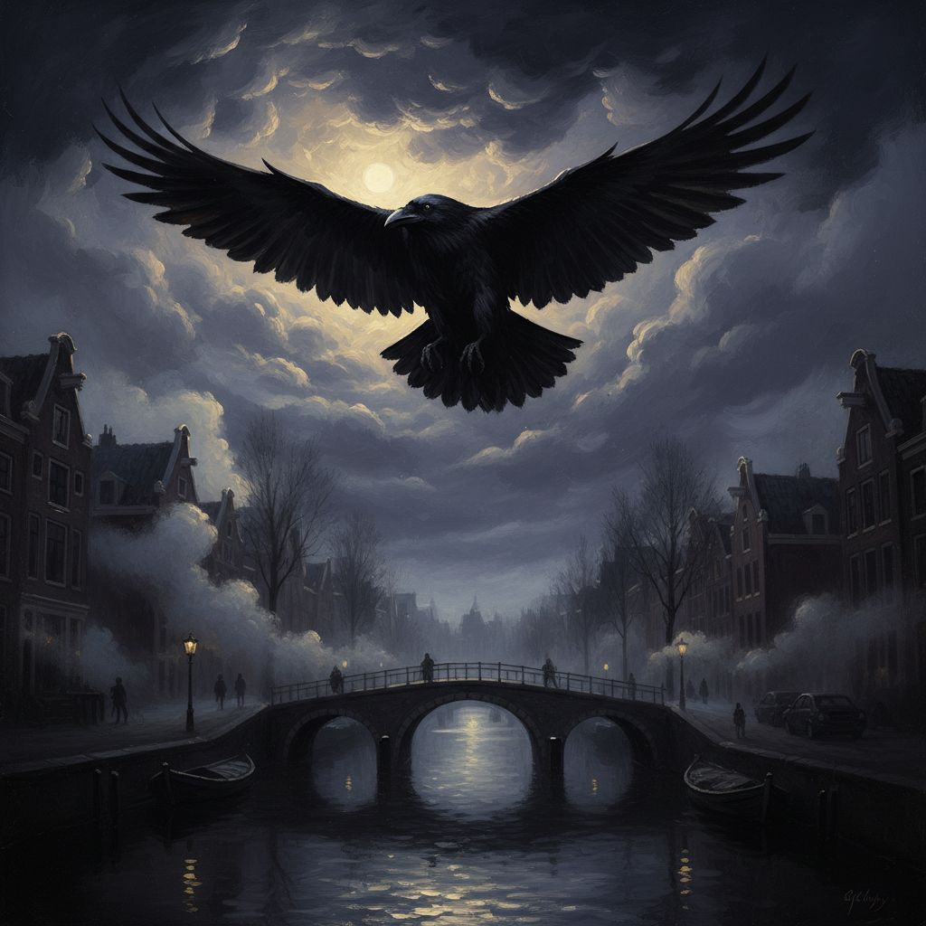 Corvo nero dalle ali spiegate vola sopra i canali di Amsterdam di notte, nebbia e chiaro di luna su tetti gotici