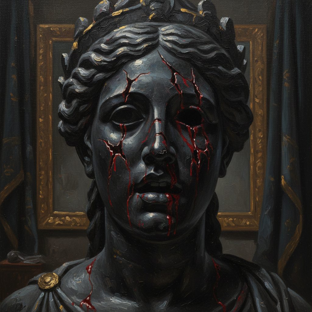 La statua nera nella villa dell'anziano ha il volto deturpato da incisioni violente. Segni di furia sulle fattezze femminili, come se qualcuno avesse tentato di cancellarle.