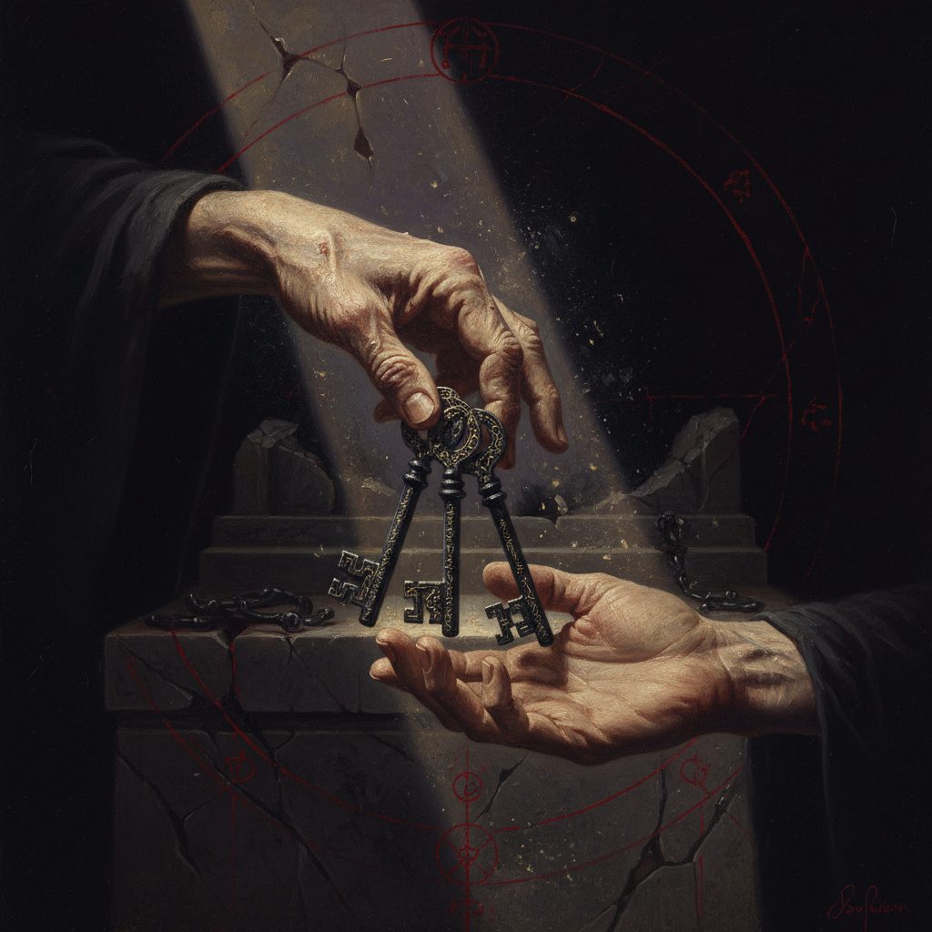 La mano rugosa dell'anziano porge un mazzo di chiavi antiche ad Alex. Tre chiavi di ferro nero pendono pesanti, con incisioni misteriose.