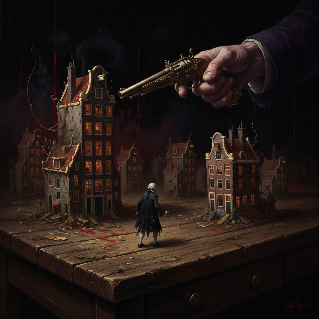 Visione surreale: Jan e rimpicciolito a 10 cm e cammina sulla scrivania di Alex. Amsterdam in miniatura si materializza sulla superficie di legno.