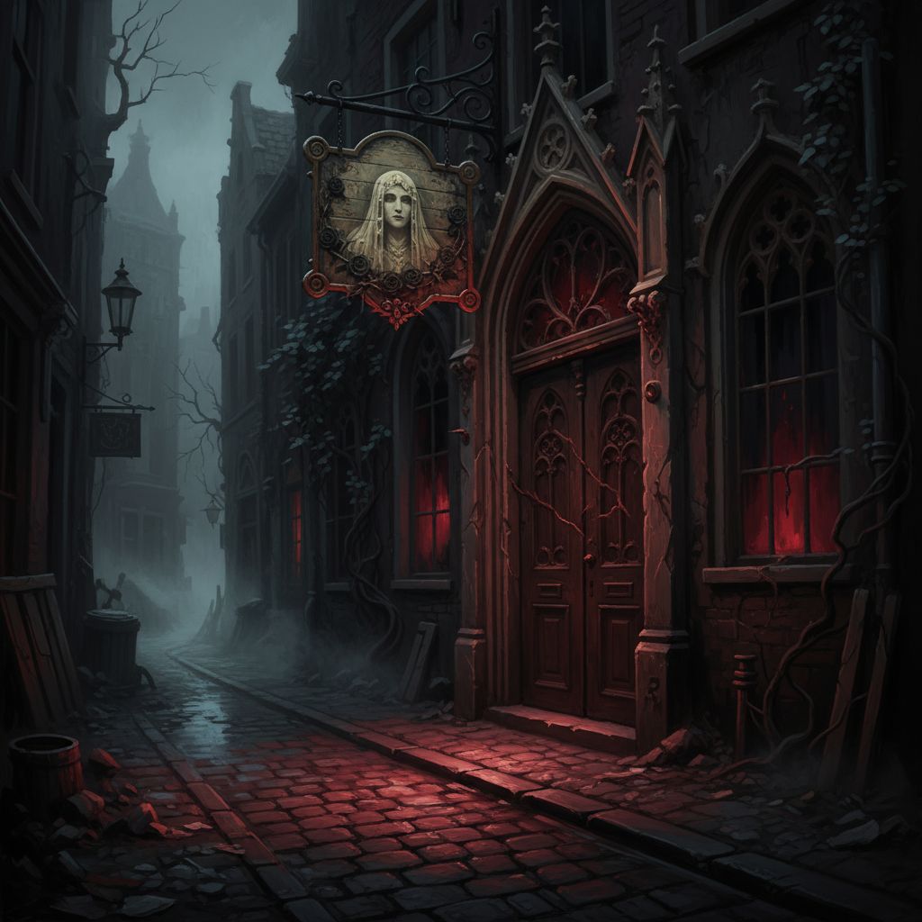 Architettura gotica vittoriana fatiscente, ingresso del bordello nel vicolo notturno di Amsterdam