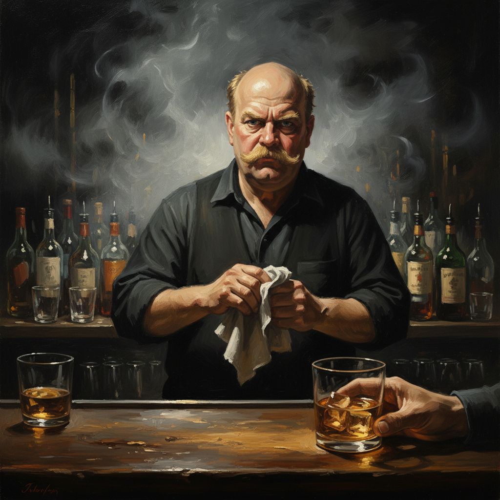 Barista calvo massiccio lucida un bicchiere, bourbon ambrato, atmosfera noir fumosa