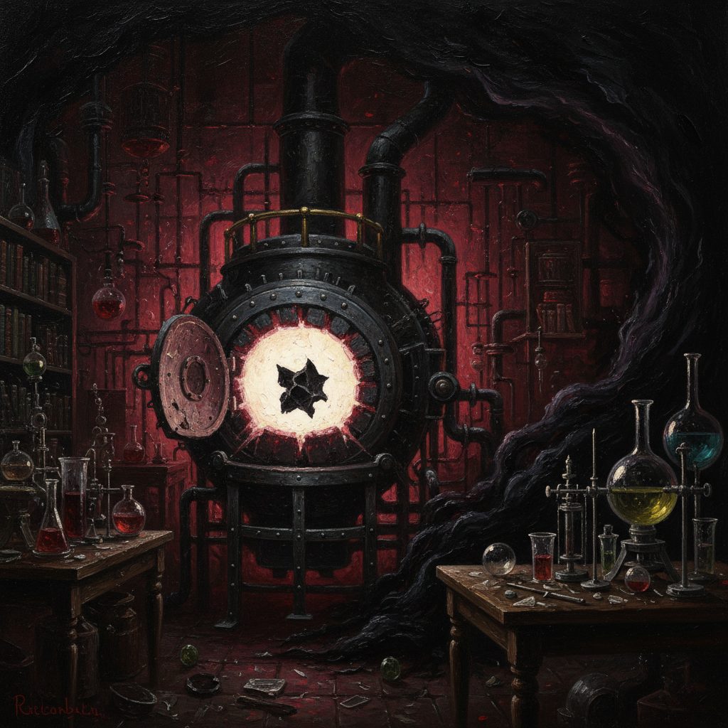 Il laboratorio con la fornace al massimo: oltre 1500 gradi. Il metallo nero della Signora resta intatto e freddo. Poi l'oscurita soprannaturale invade la stanza.