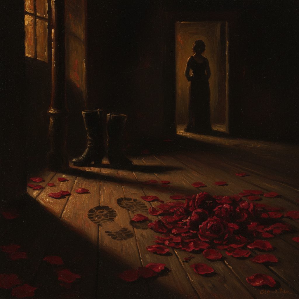 Rose rosse calpestate sul pavimento del bordello, silhouette femminile nella porta