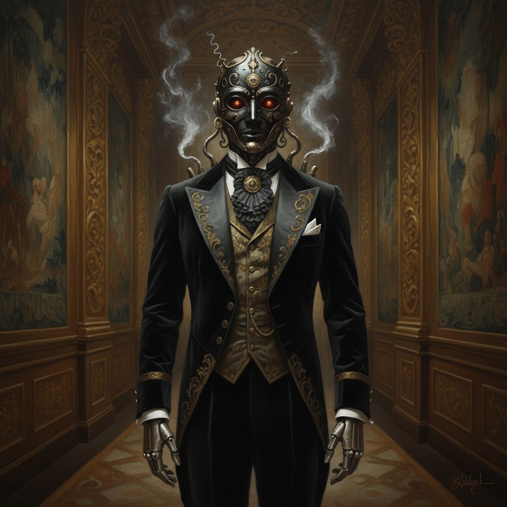 Automa maggiordomo con maschera burlesque, mani argento, vapore steampunk